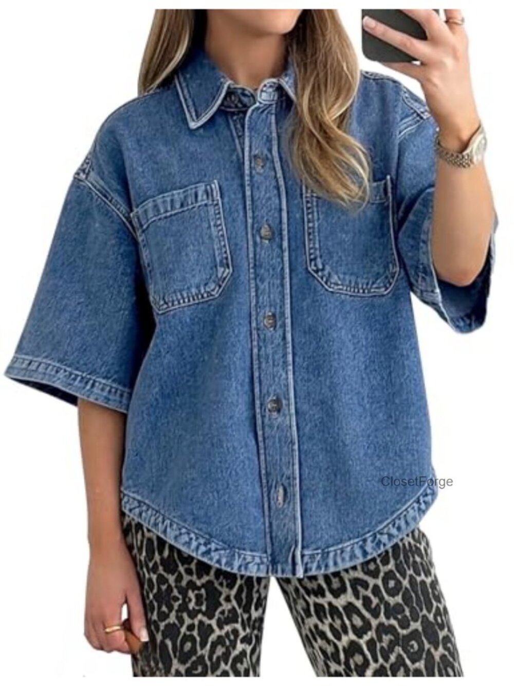 Women's Denim Button Down Shirt Short Sleeve Casual Blouse Top